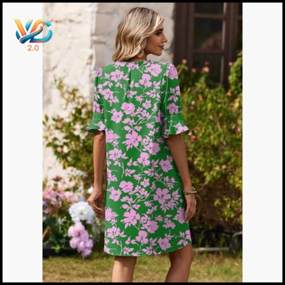 V-Neck Ruffle Sleeve Shift Dress, Polyester Casual Summer Mini - Picture 5 of 7